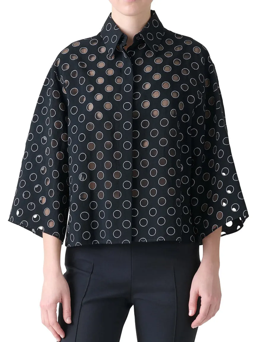 Akris Punto Boxy Polka Dot Organzino Blouse in Black/Cream