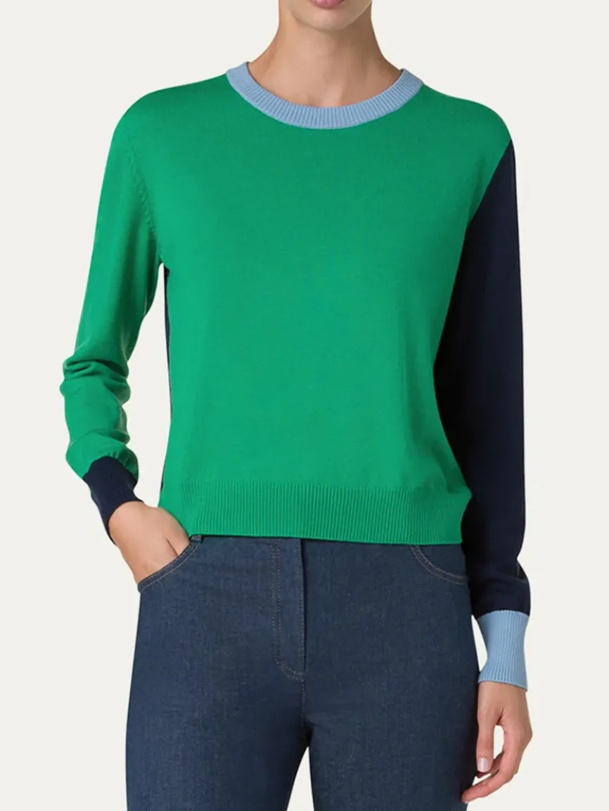 Akris Punto Colorblock Merino Sweater in Sea Green/Navy/Sky