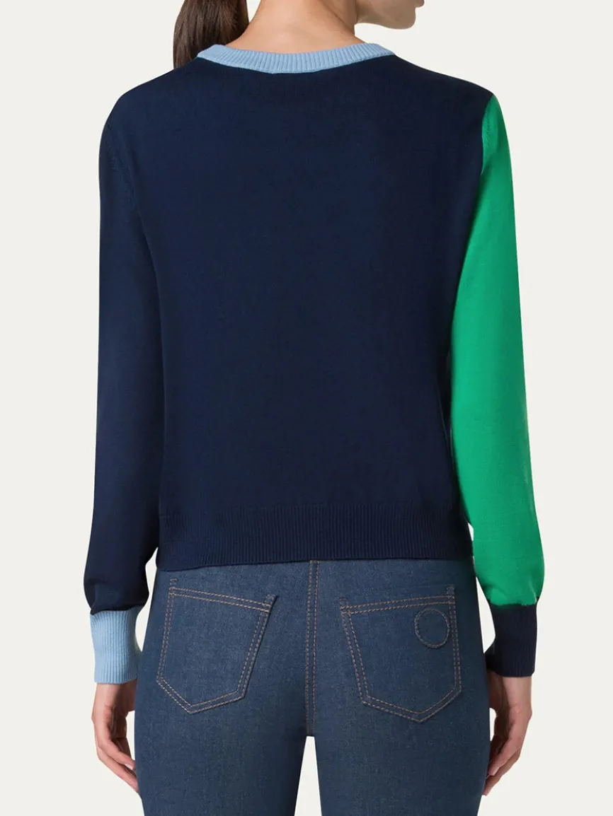 Akris Punto Colorblock Merino Sweater in Sea Green/Navy/Sky