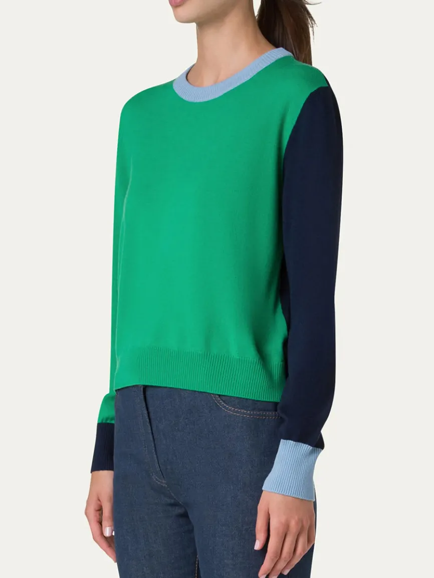 Akris Punto Colorblock Merino Sweater in Sea Green/Navy/Sky