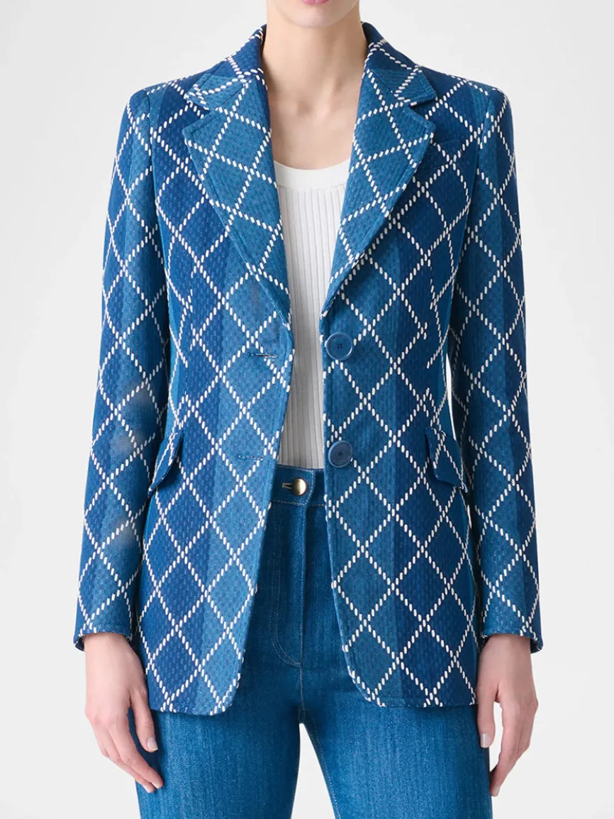 Akris Punto Diamond Cotton Jacquard Fitted Blazer in Medium Blue Multi