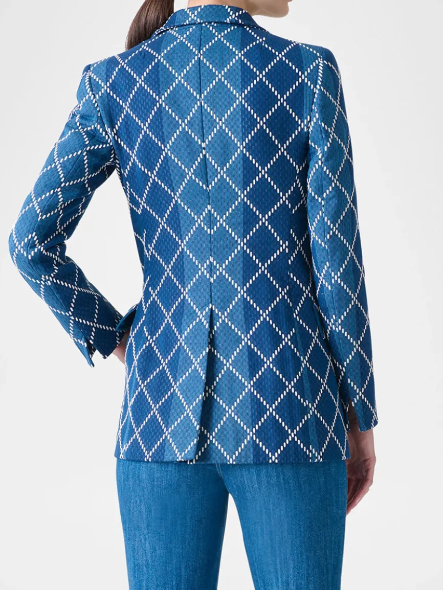 Akris Punto Diamond Cotton Jacquard Fitted Blazer in Medium Blue Multi