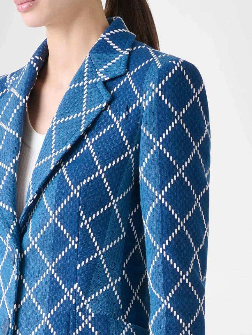 Akris Punto Diamond Cotton Jacquard Fitted Blazer in Medium Blue Multi