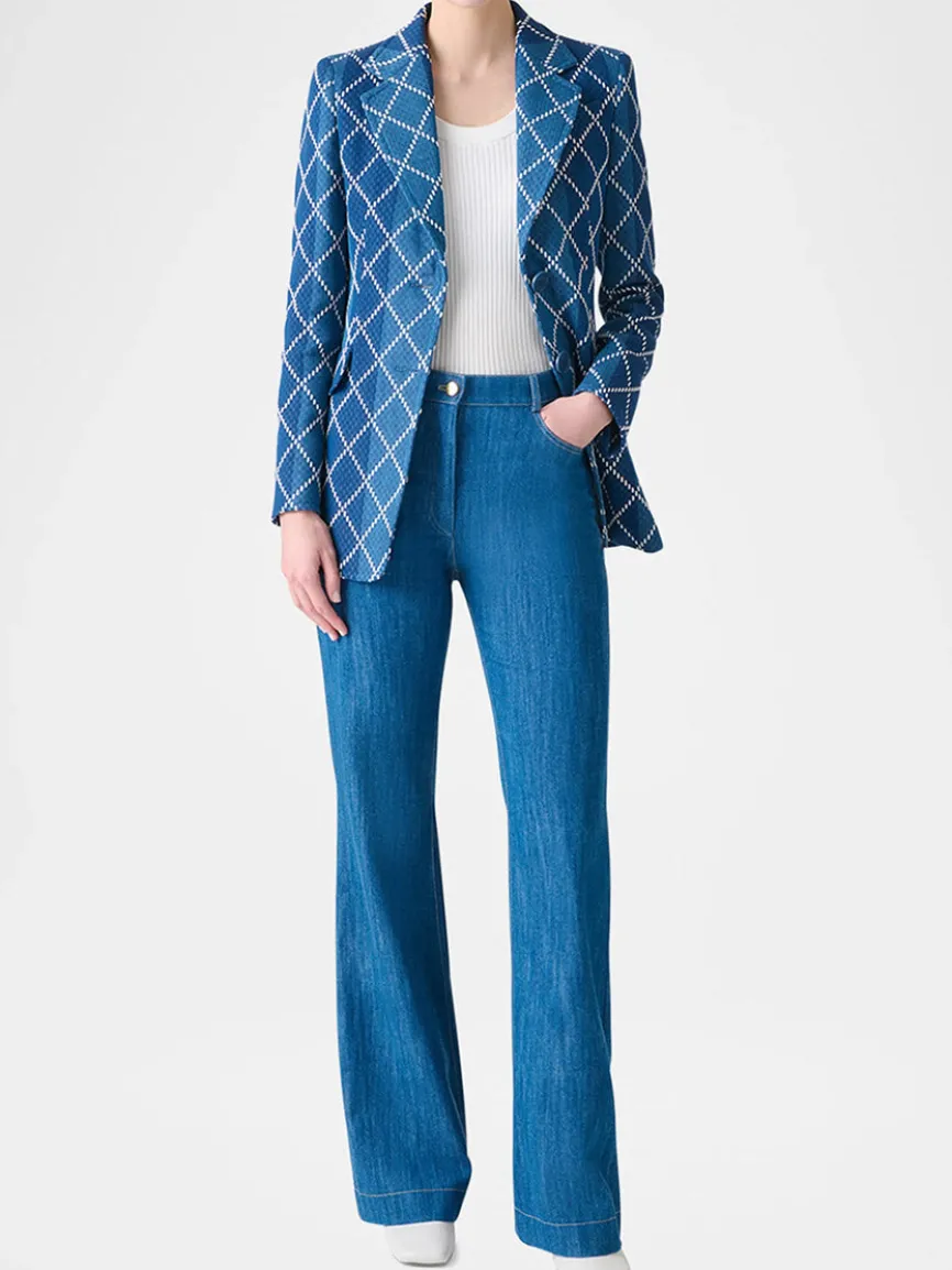 Akris Punto Diamond Cotton Jacquard Fitted Blazer in Medium Blue Multi
