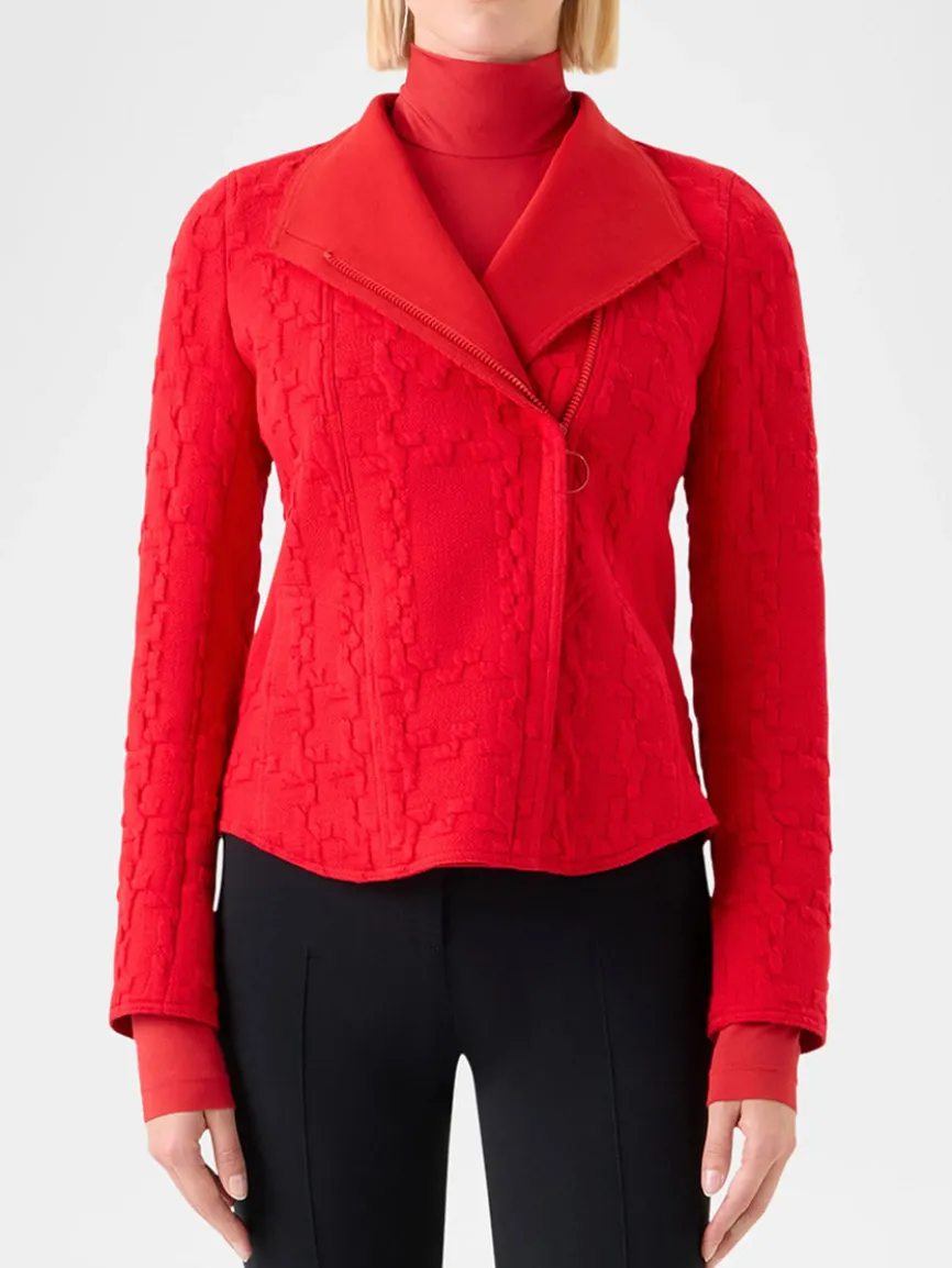 Akris Punto Glencheck 3D Jersey Biker Jacket in Vermillion