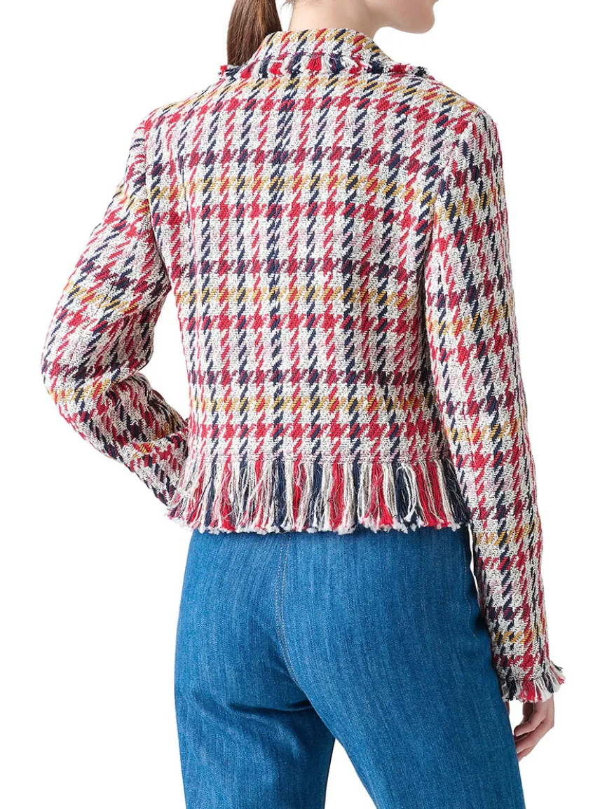 Akris Punto Houndstooth Tweed Fringe Trim Blazer in Cream Multi