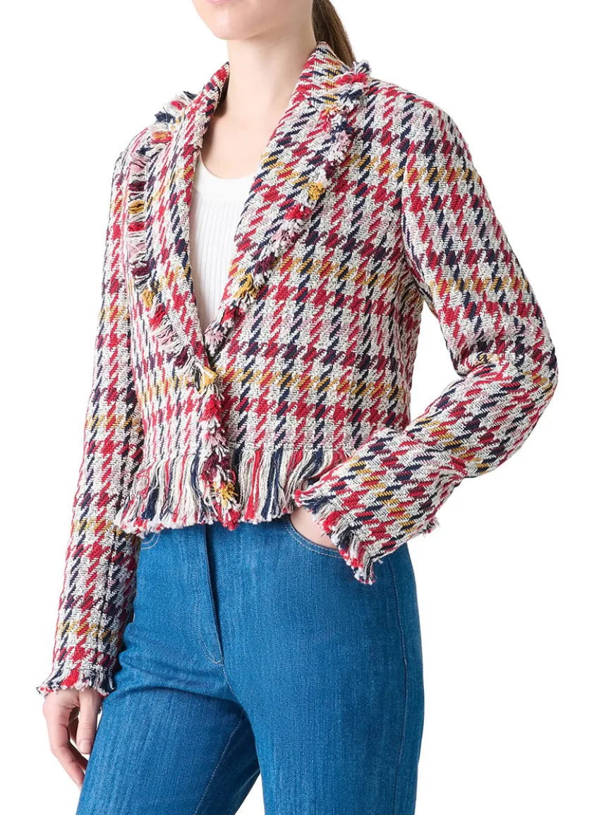 Akris Punto Houndstooth Tweed Fringe Trim Blazer in Cream Multi