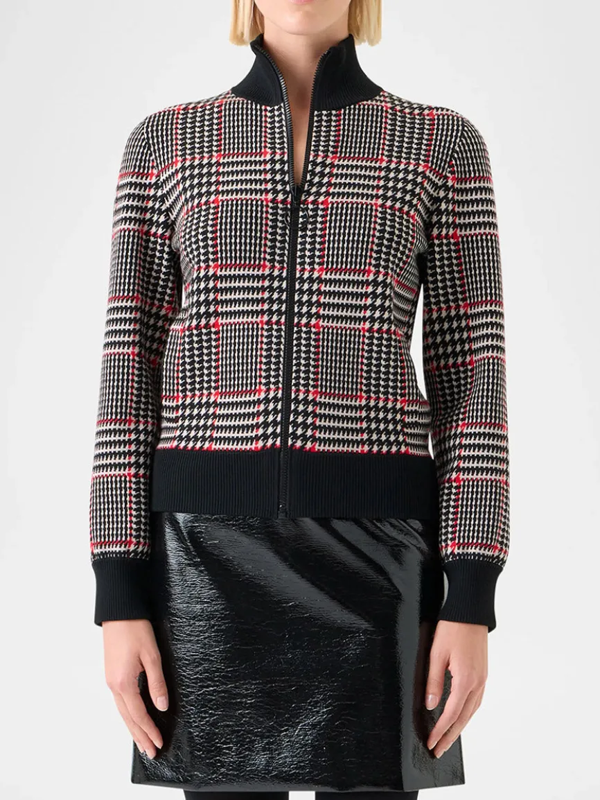 Akris Punto Mock Neck Plaid Cardigan in Black/Cream/Vermillion