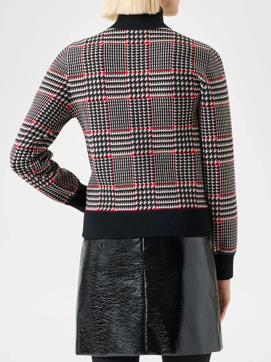 Akris Punto Mock Neck Plaid Cardigan in Black/Cream/Vermillion
