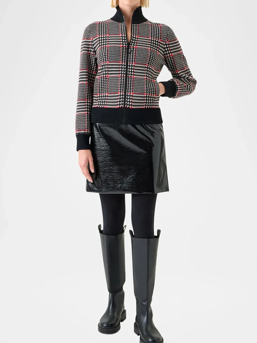 Akris Punto Mock Neck Plaid Cardigan in Black/Cream/Vermillion