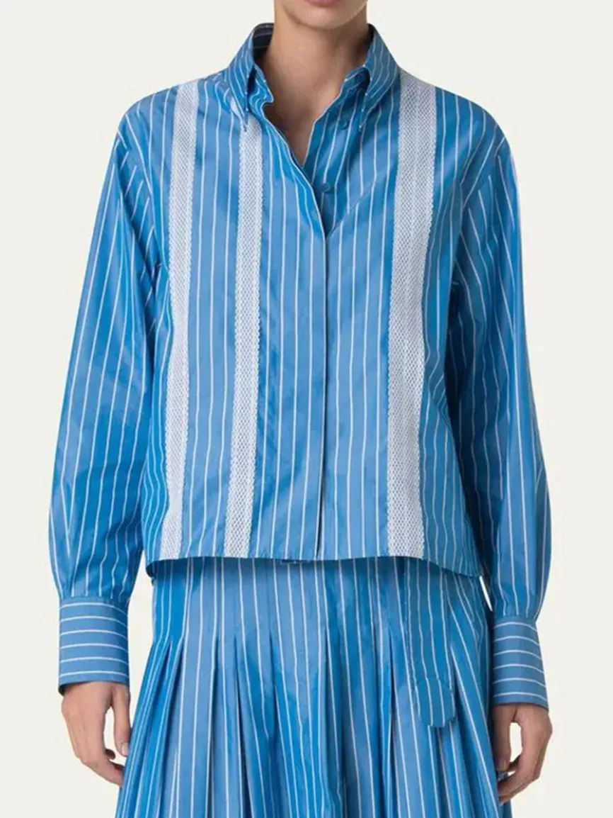 Akris Punto Pajama Stripe Boxy Collared Shirt in Medium Blue/Cream