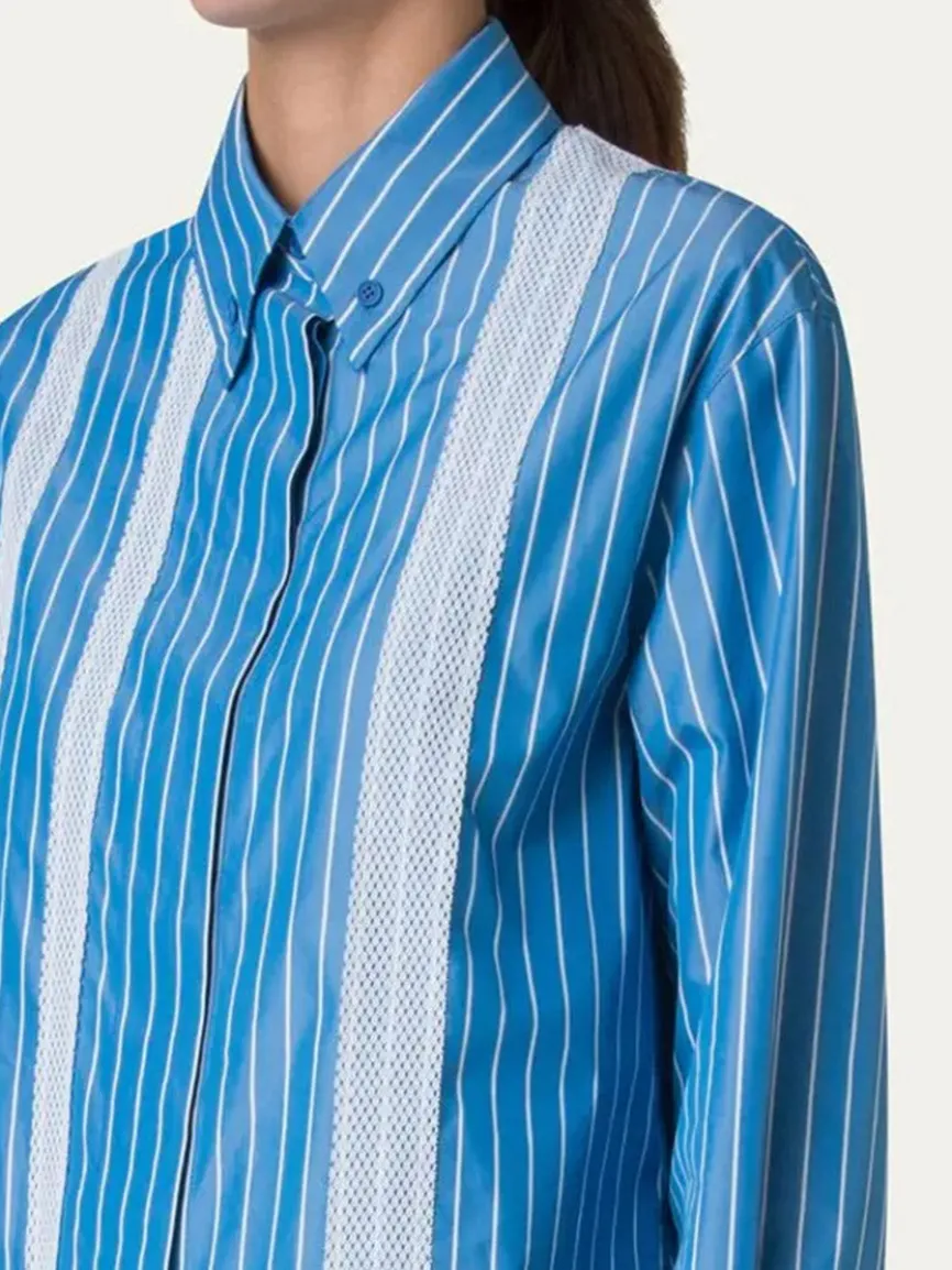Akris Punto Pajama Stripe Boxy Collared Shirt in Medium Blue/Cream