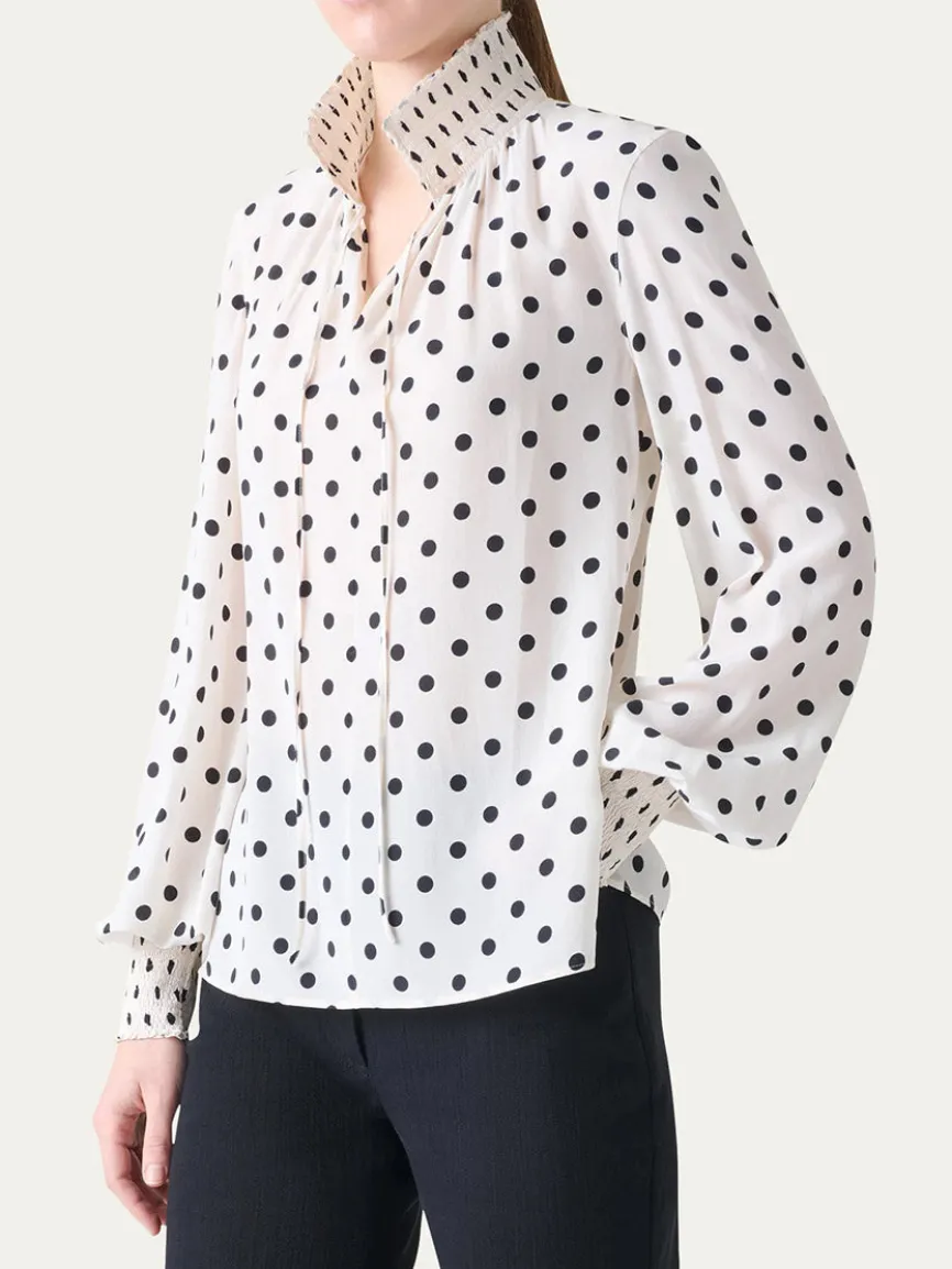 Akris Punto Smocked Polka Dot Silk Blouse in Cream/Black