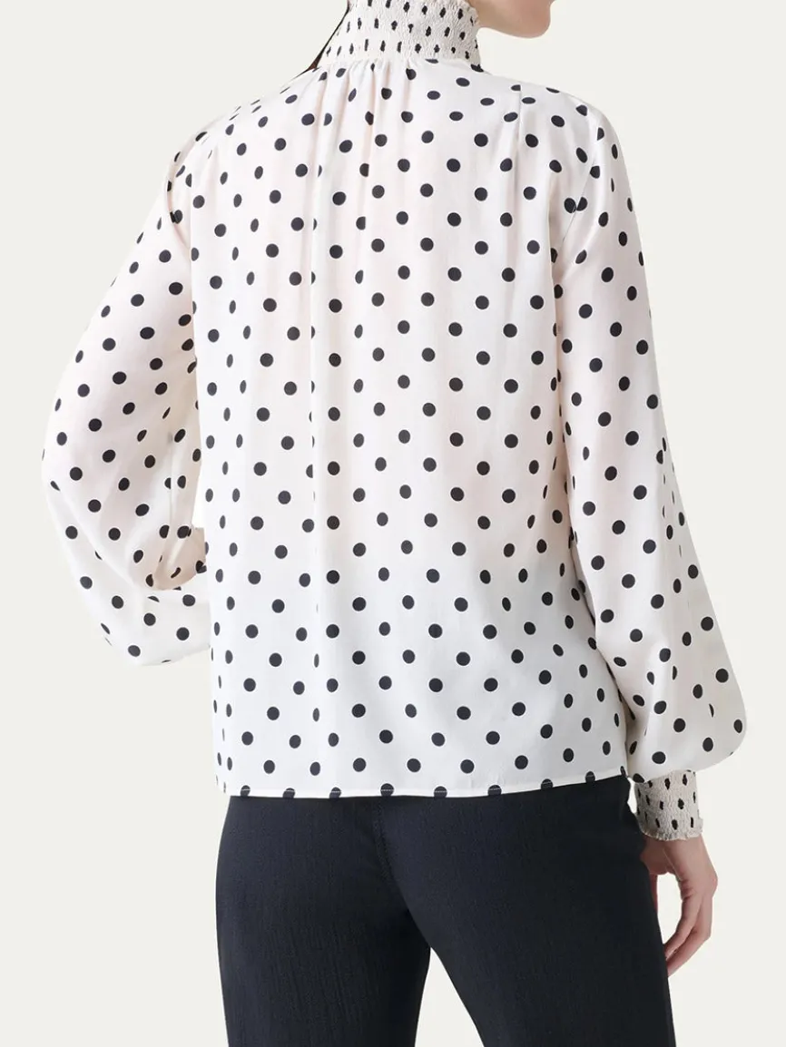 Akris Punto Smocked Polka Dot Silk Blouse in Cream/Black