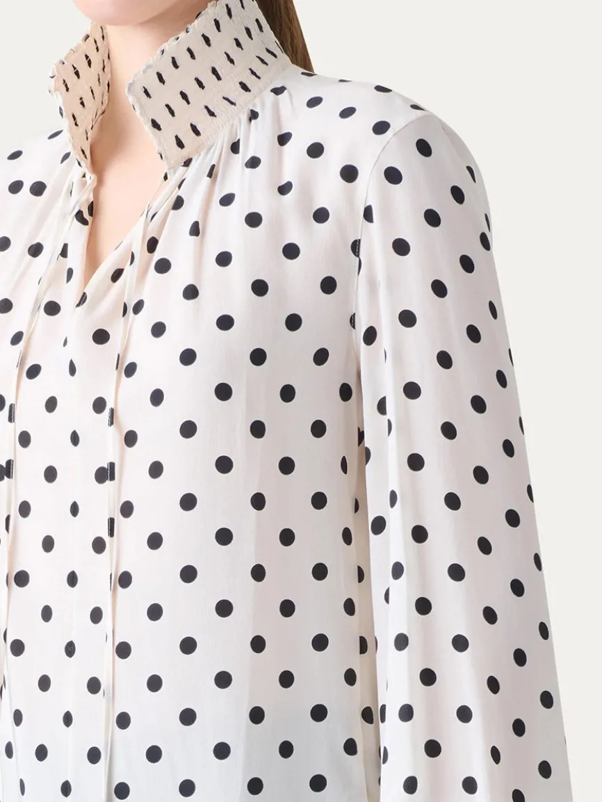 Akris Punto Smocked Polka Dot Silk Blouse in Cream/Black