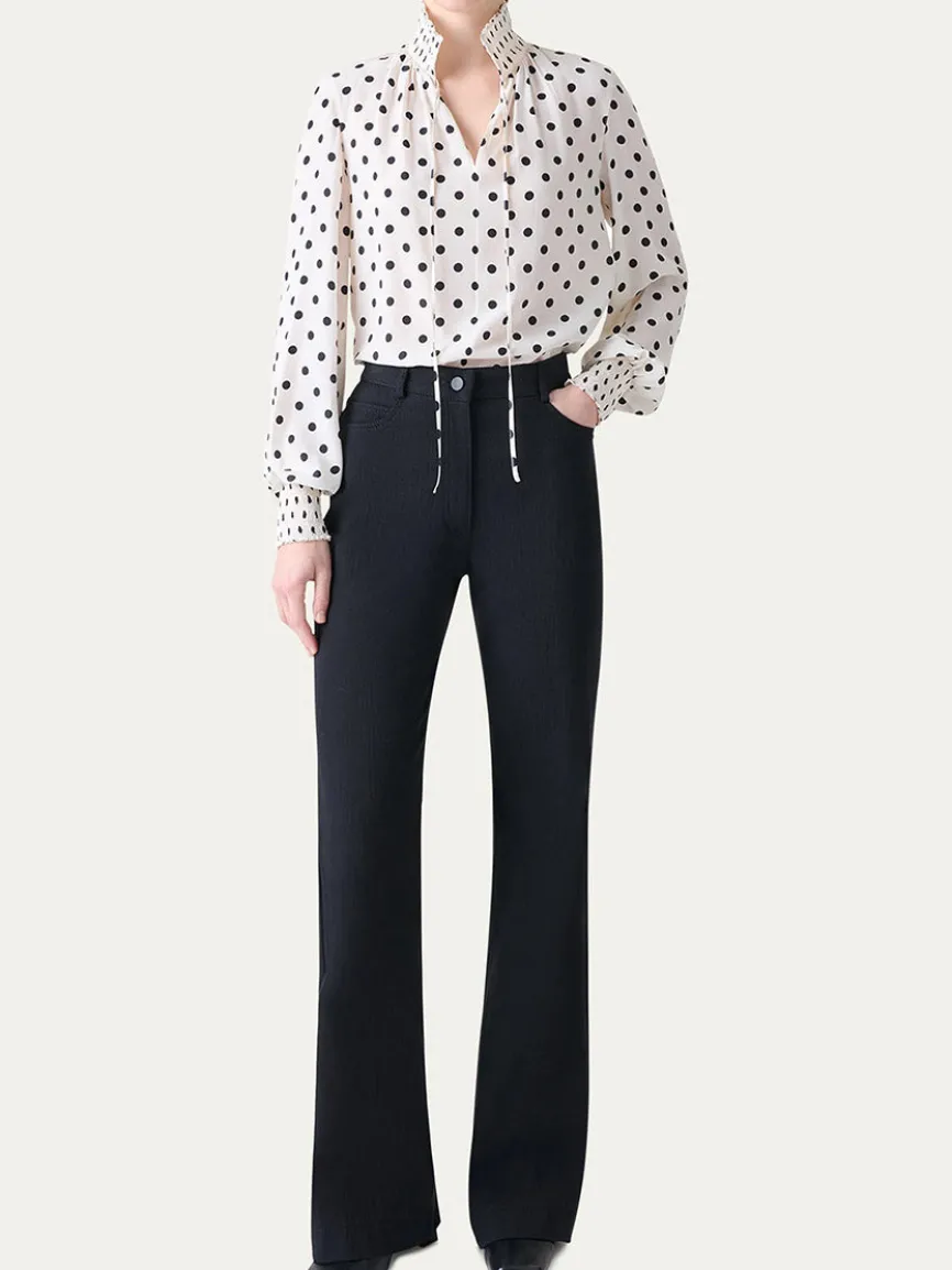 Akris Punto Smocked Polka Dot Silk Blouse in Cream/Black