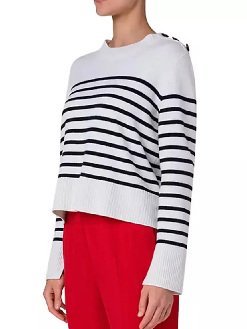 Akris Punto Striped Crew Sweater With Snap Shoulder in Cream/Black