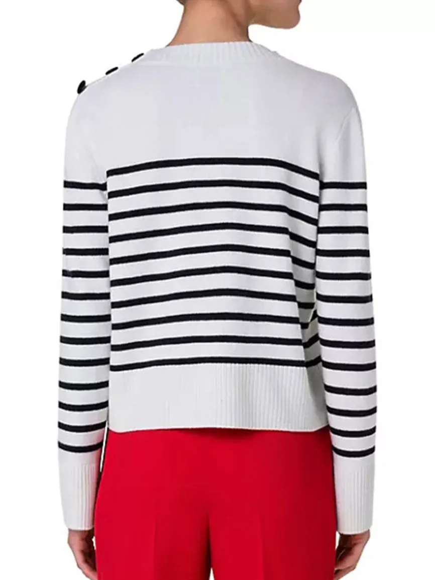 Akris Punto Striped Crew Sweater With Snap Shoulder in Cream/Black