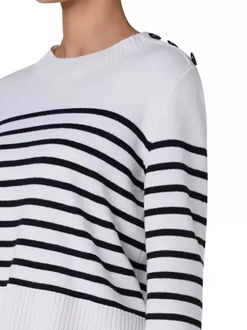 Akris Punto Striped Crew Sweater With Snap Shoulder in Cream/Black