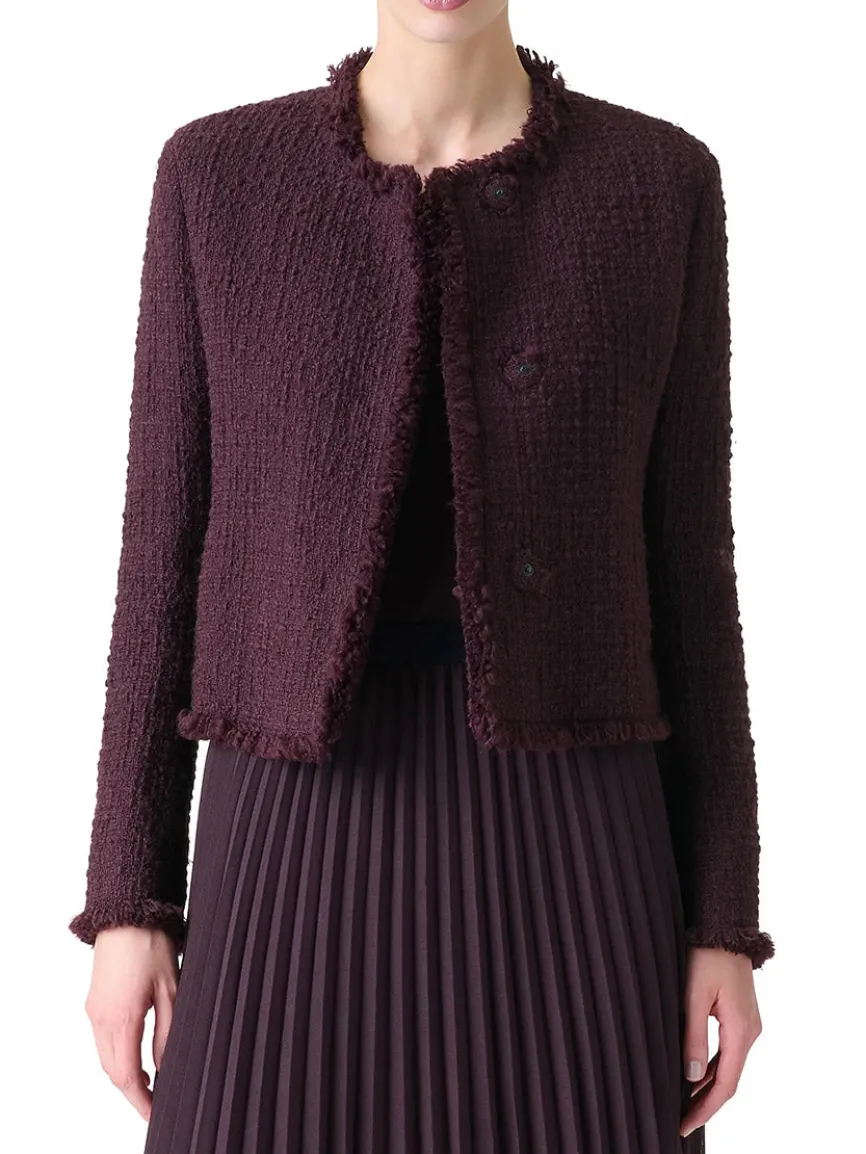 Akris Punto Tweed Round Neck Jacket With Fringe in Blackberry