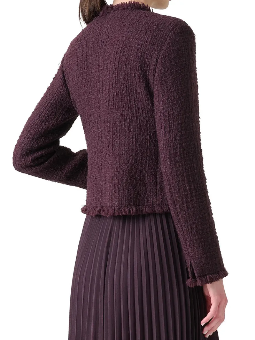 Akris Punto Tweed Round Neck Jacket With Fringe in Blackberry