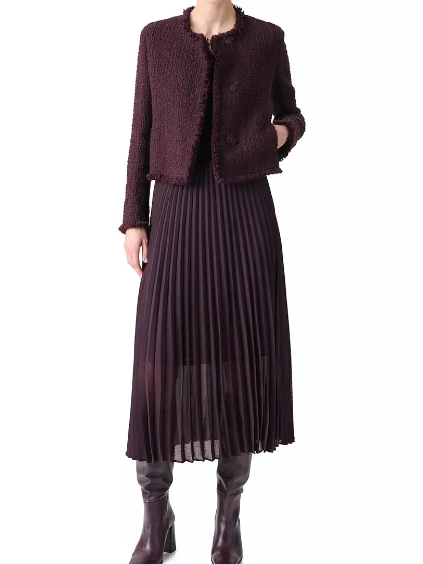 Akris Punto Tweed Round Neck Jacket With Fringe in Blackberry