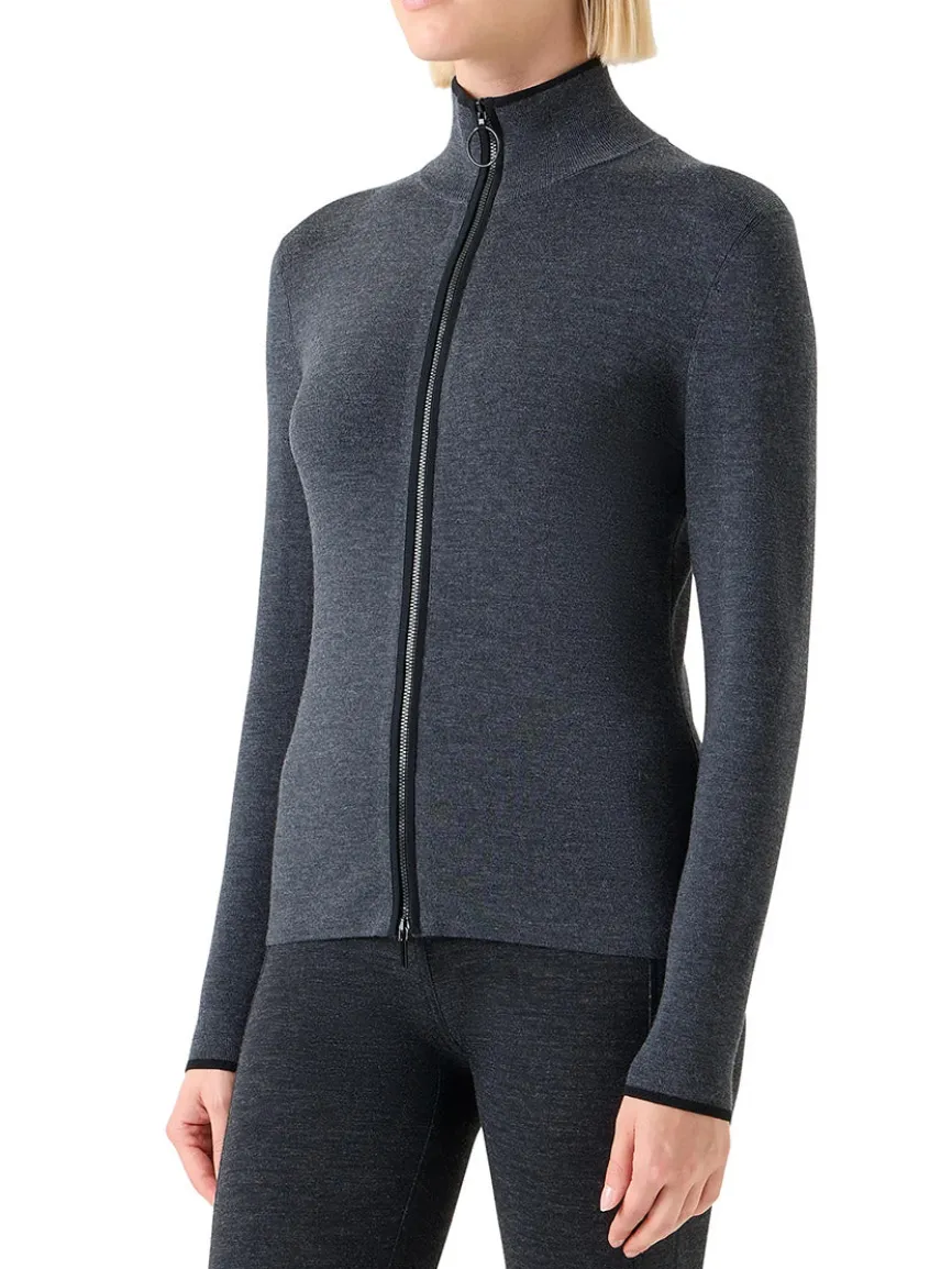 Akris Punto Virgin Wool Knit Zip Cardigan in Charcoal/Black