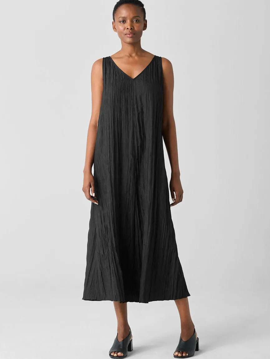Eileen Fisher Crushed Silk V-Neck Dress in Black