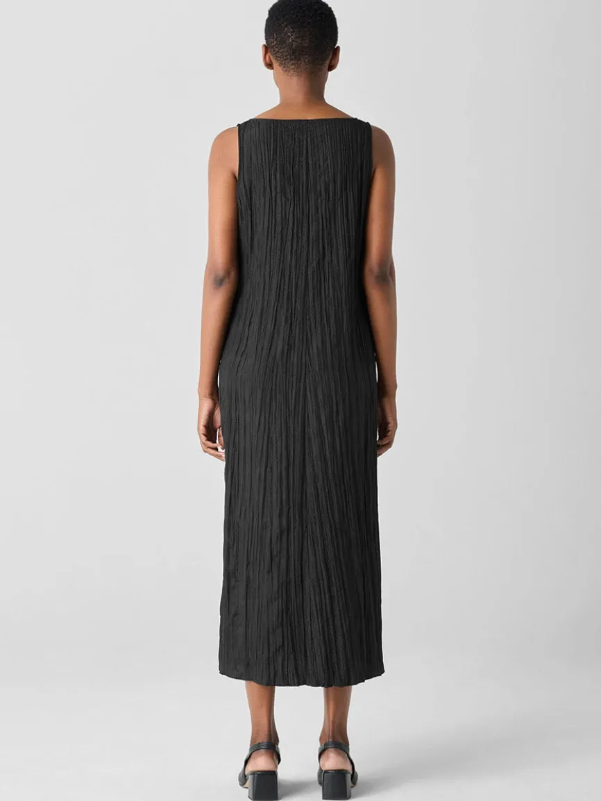 Eileen Fisher Crushed Silk V-Neck Dress in Black