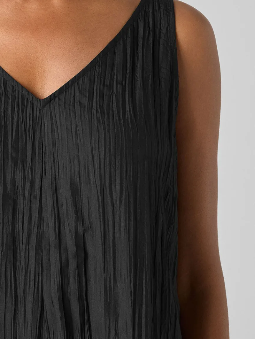 Eileen Fisher Crushed Silk V-Neck Dress in Black