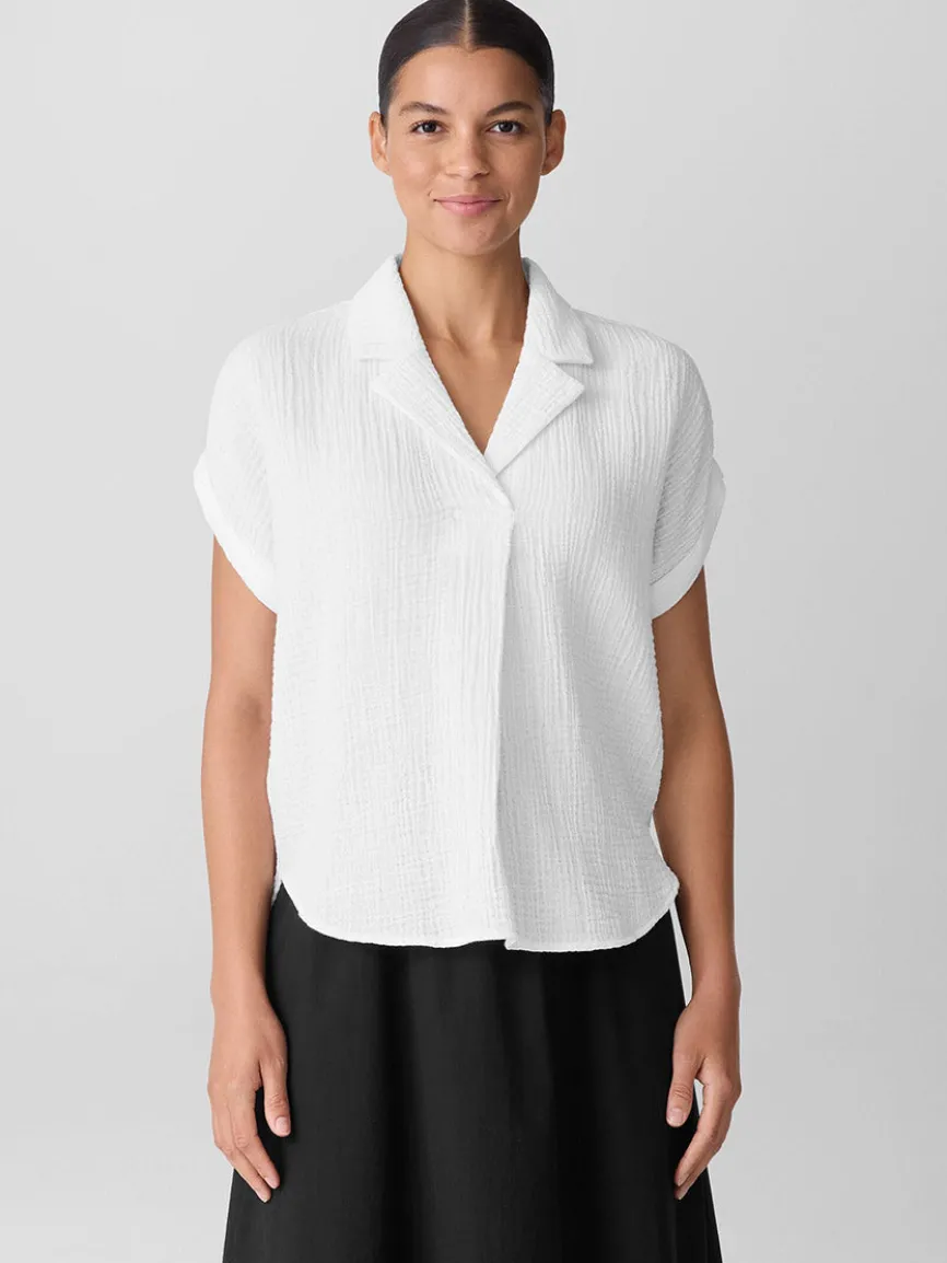 Eileen Fisher Organic Cotton Lofty Gauze Notch Collar Top in White