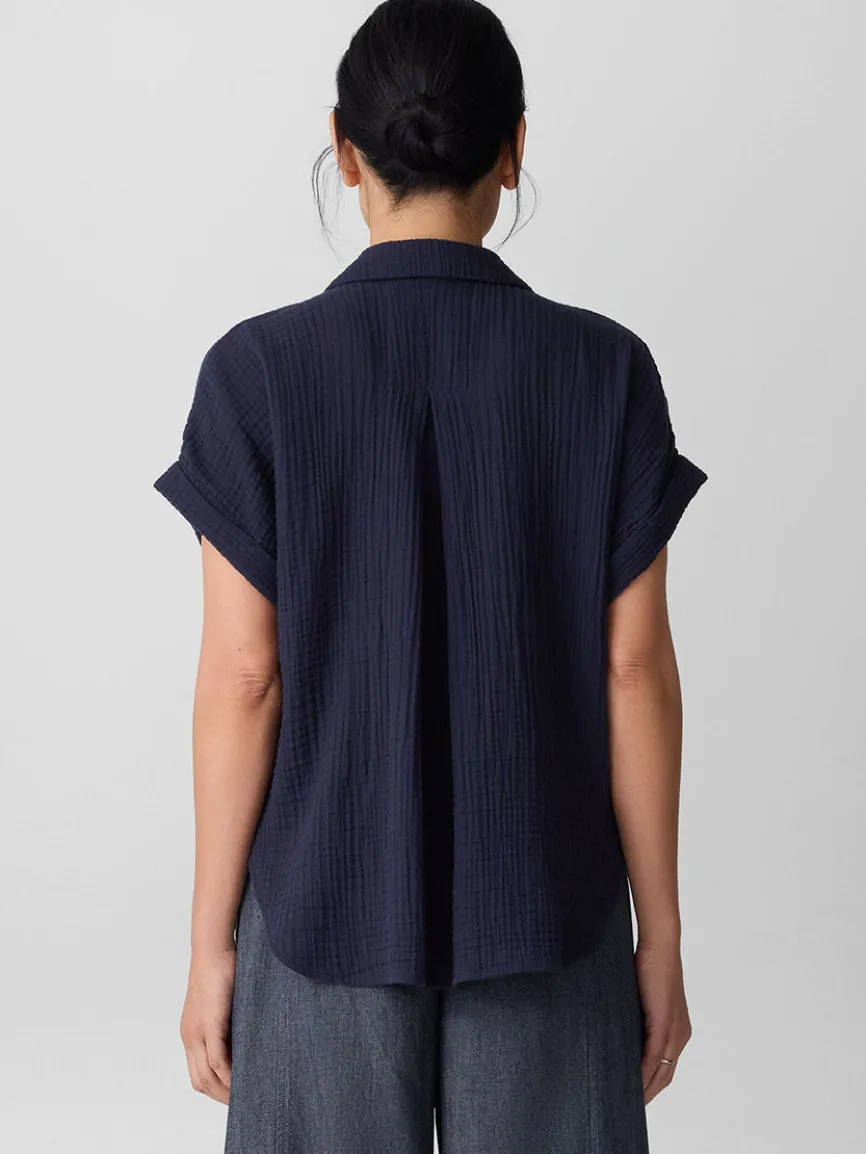 Eileen Fisher Organic Cotton Lofty Gauze Notch Collar Top in Ink
