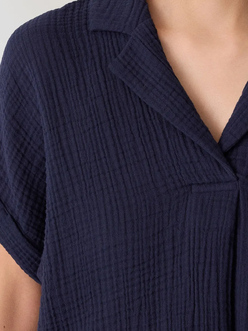 Eileen Fisher Organic Cotton Lofty Gauze Notch Collar Top in Ink
