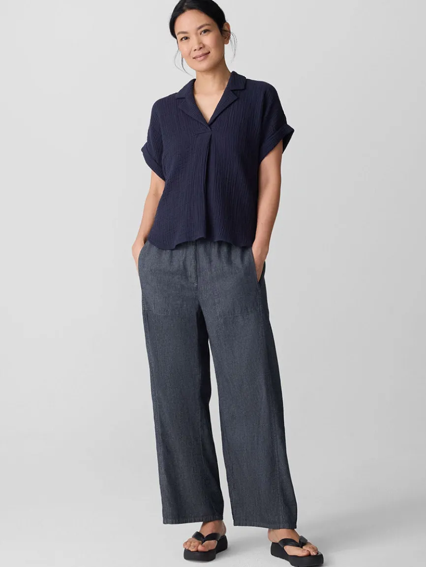 Eileen Fisher Organic Cotton Lofty Gauze Notch Collar Top in Ink