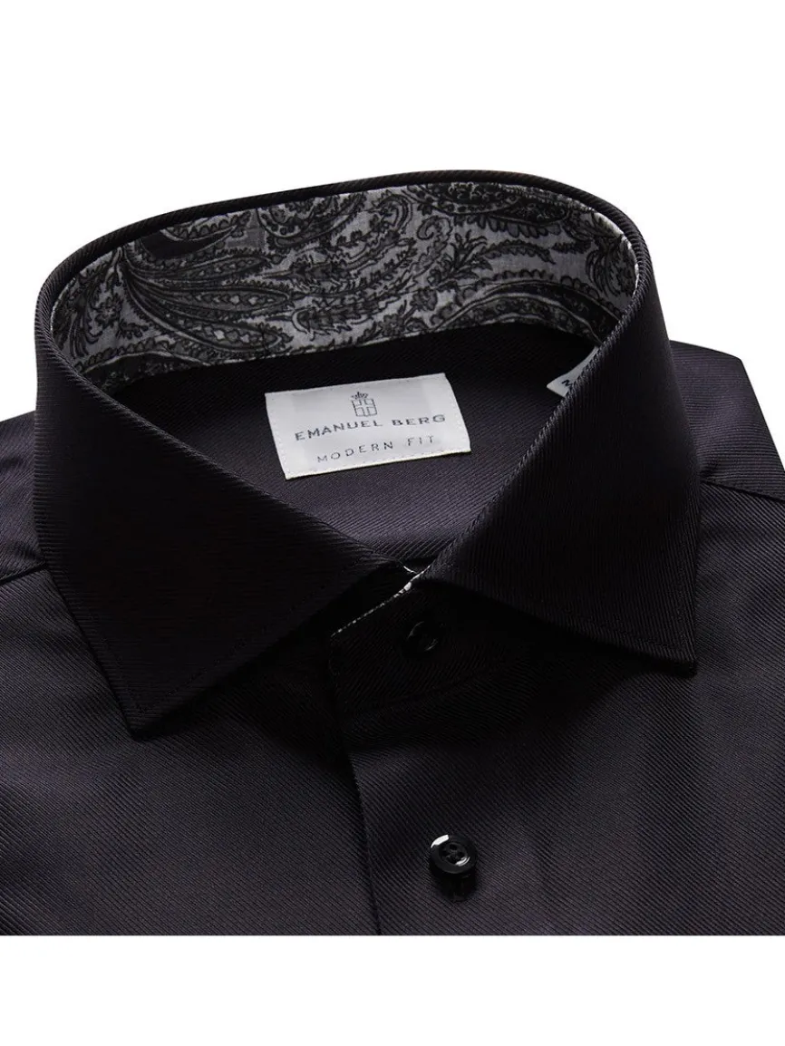 Emanuel Berg Black Textured Twill Casual Dress Shirt