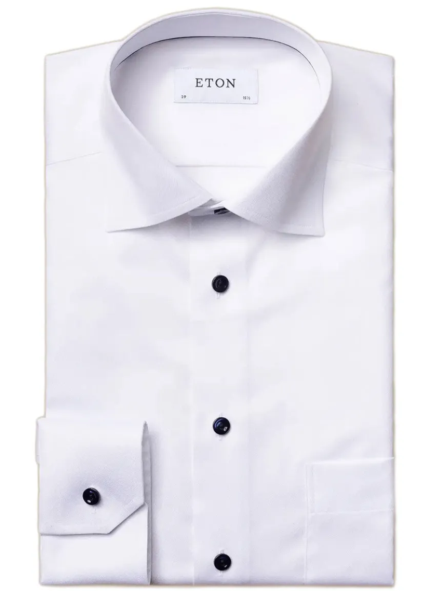 Eton Classic Fit White Twill Dress Shirt with Navy Details