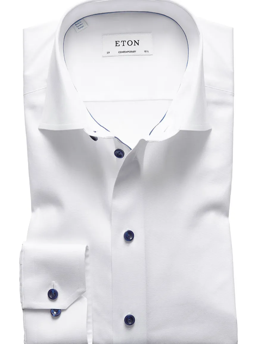 Eton Contemporary Fit White Twill Dress Shirt With Navy Details