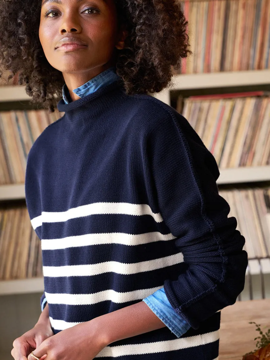 Frank & Eileen Monterey Rolled Funnel Neck Sweater in Navy & Cream Stripe