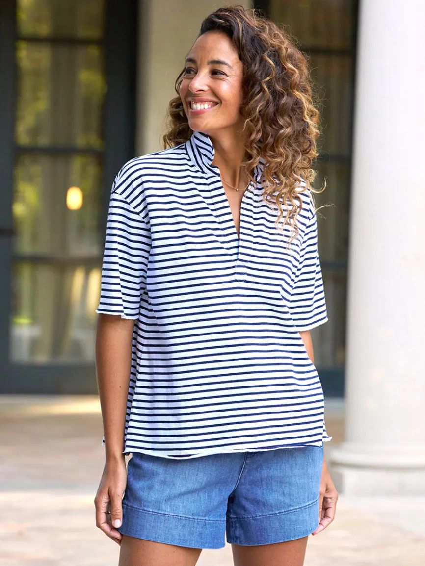 Frank & Eileen Patty Short-Sleeve Popover Henley in Navy French Stripe