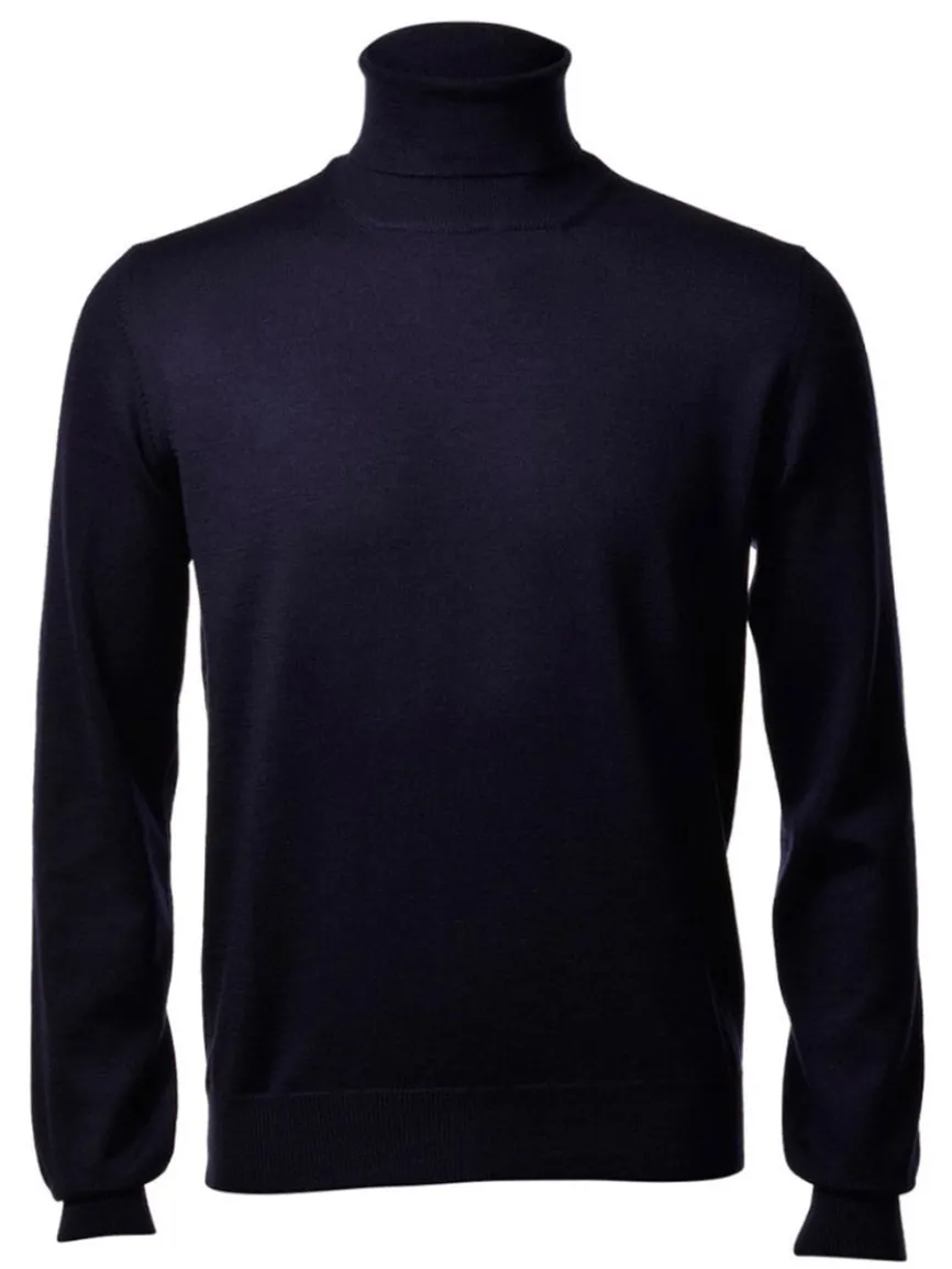Gran Sasso Solid Merino Turtleneck in Navy