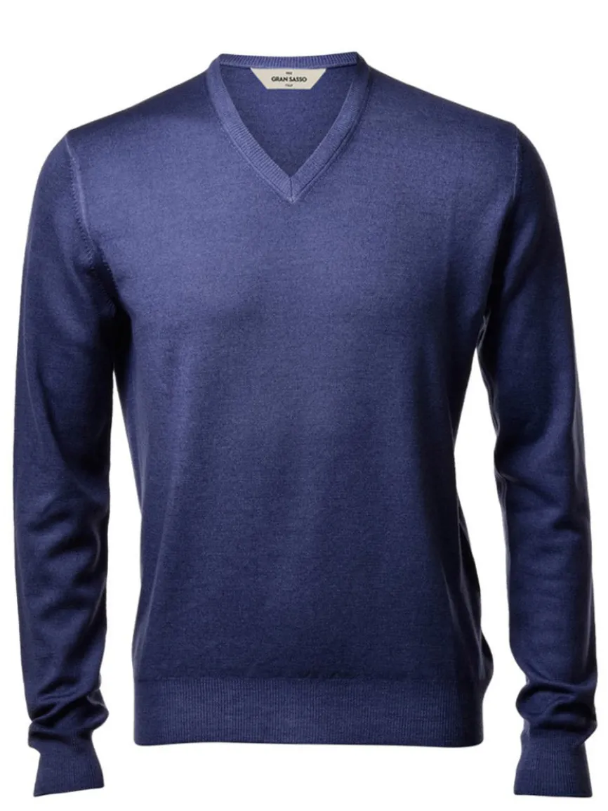 Gran Sasso Vintage Wash Extrafine Merino V-Neck in Denim