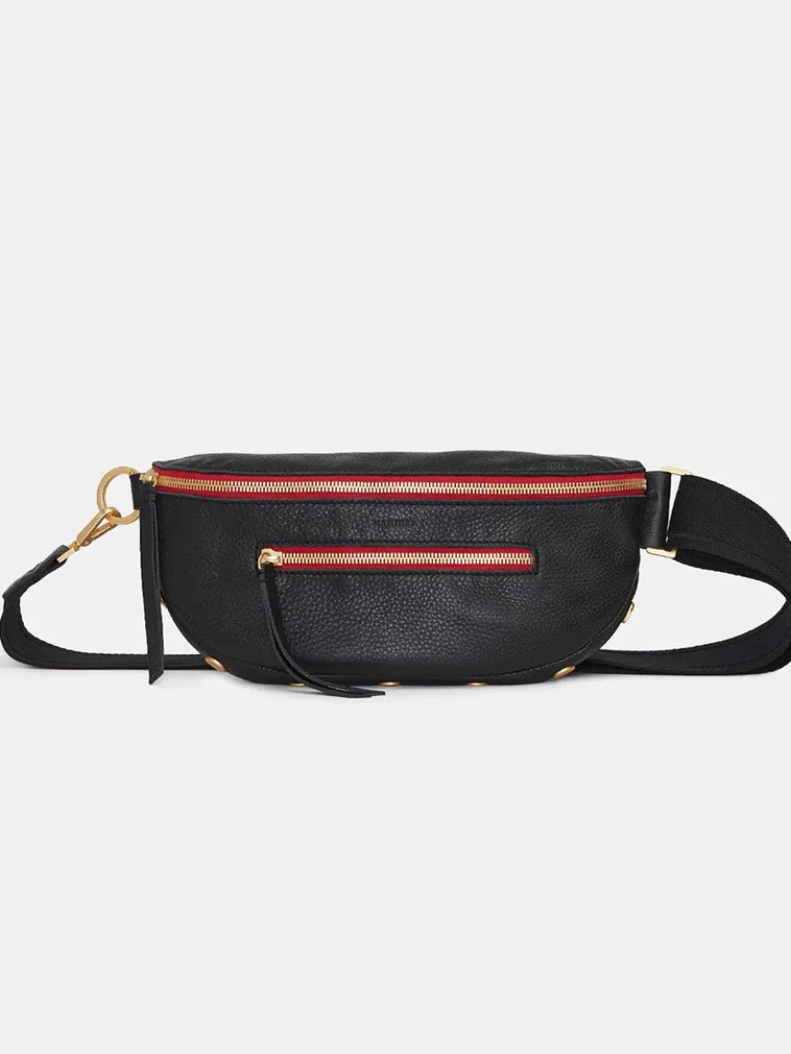 Hammitt Los Angeles Charles Crossbody Medium in Black/Brushed Gold/Red Zip