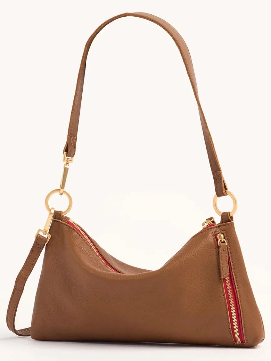 Hammitt Los Angeles Kyle Shoulder Bag in Mahogany Pebble/Brushed Gold/Red Zip