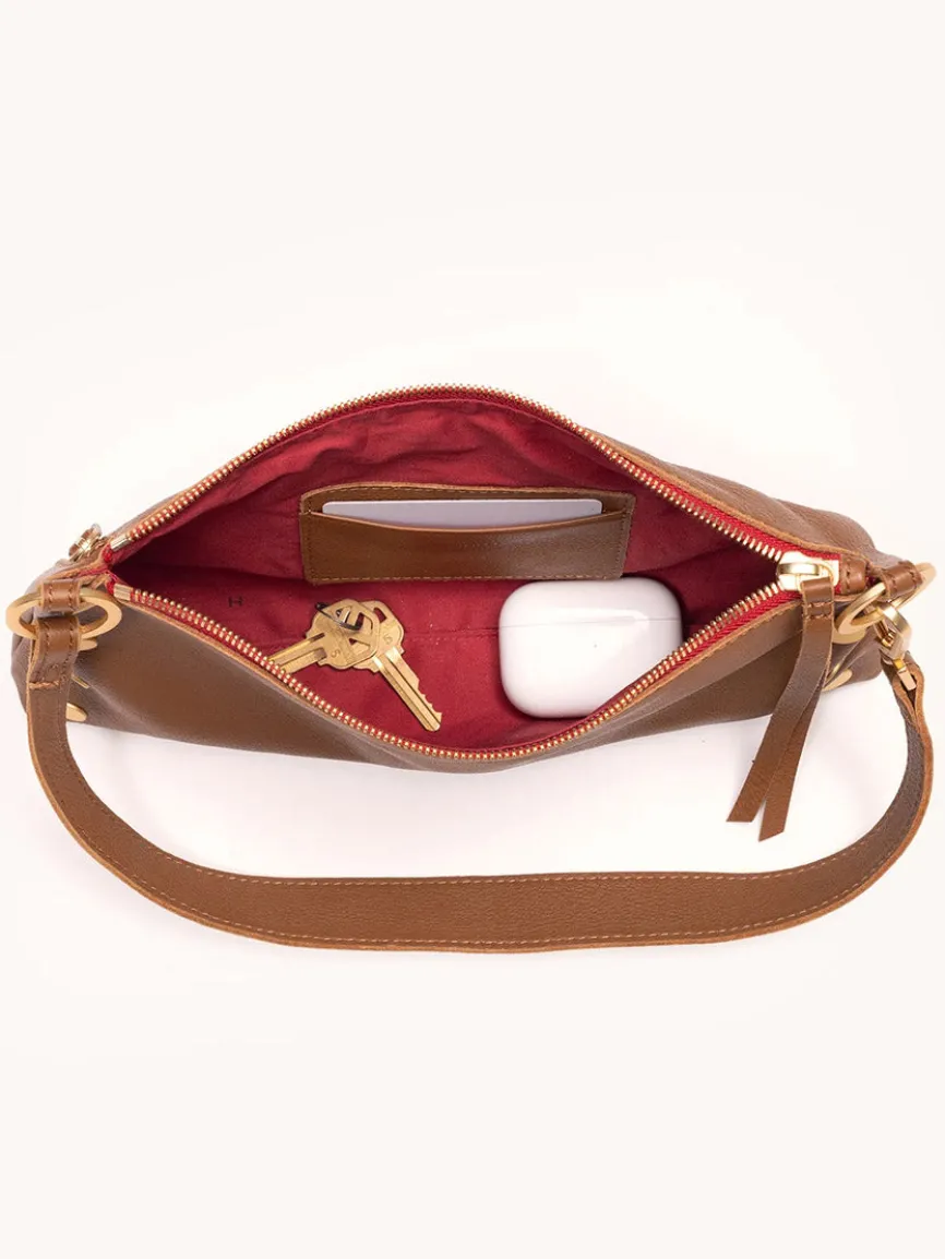 Hammitt Los Angeles Kyle Shoulder Bag in Mahogany Pebble/Brushed Gold/Red Zip