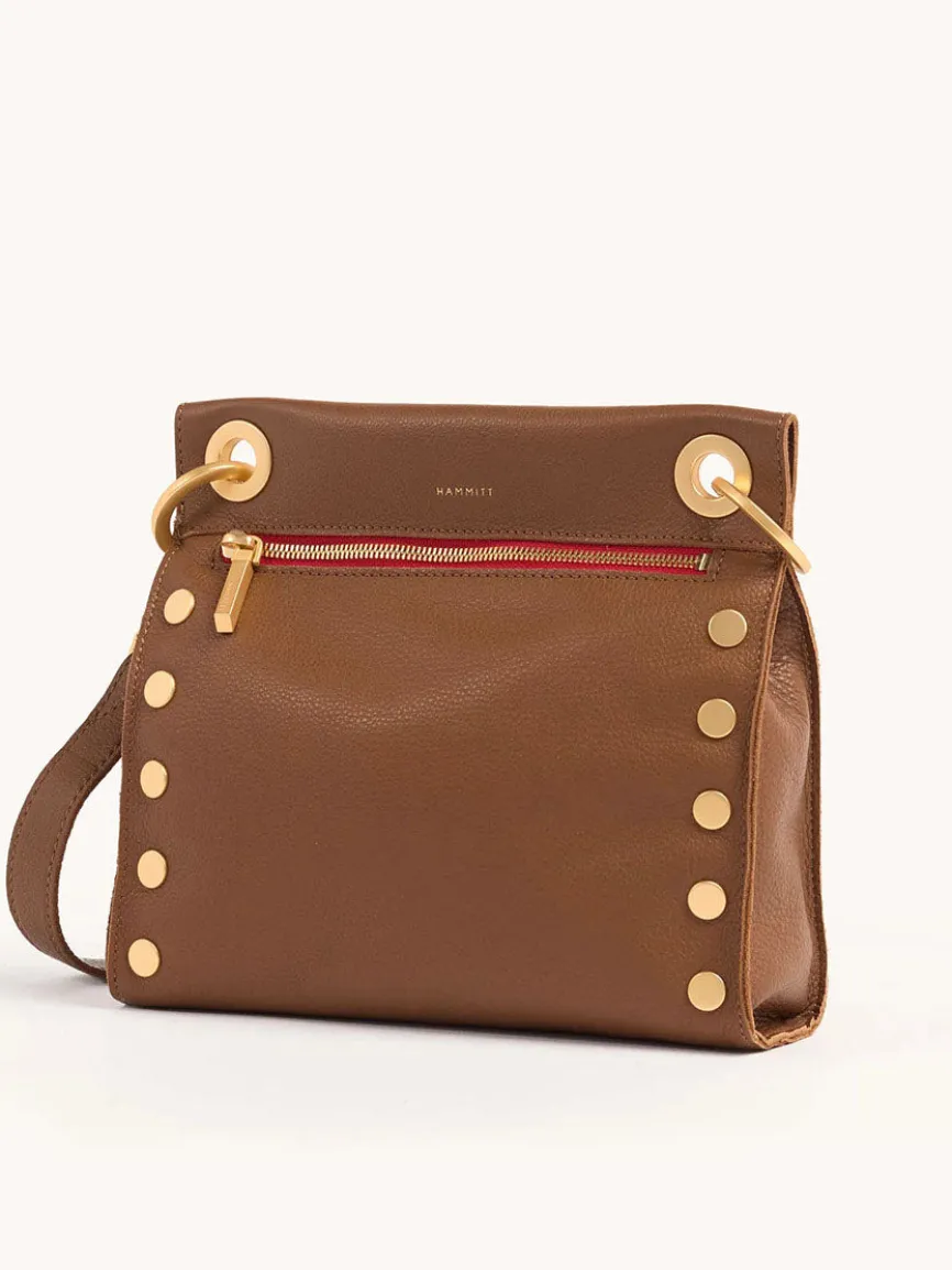 Hammitt Los Angeles Tony Medium Crossbody Bag in Mahogany Pebble/Brushed Gold w/Red Zip