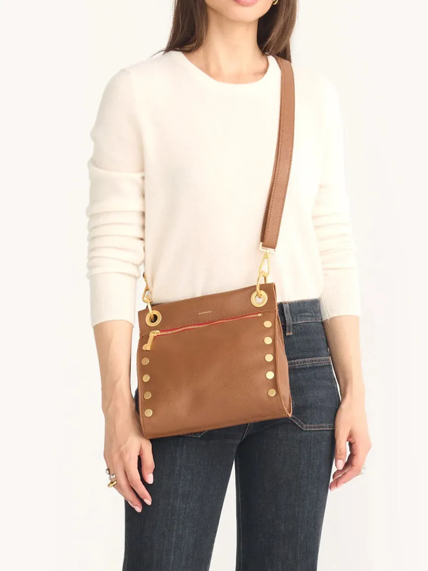 Hammitt Los Angeles Tony Medium Crossbody Bag in Mahogany Pebble/Brushed Gold w/Red Zip