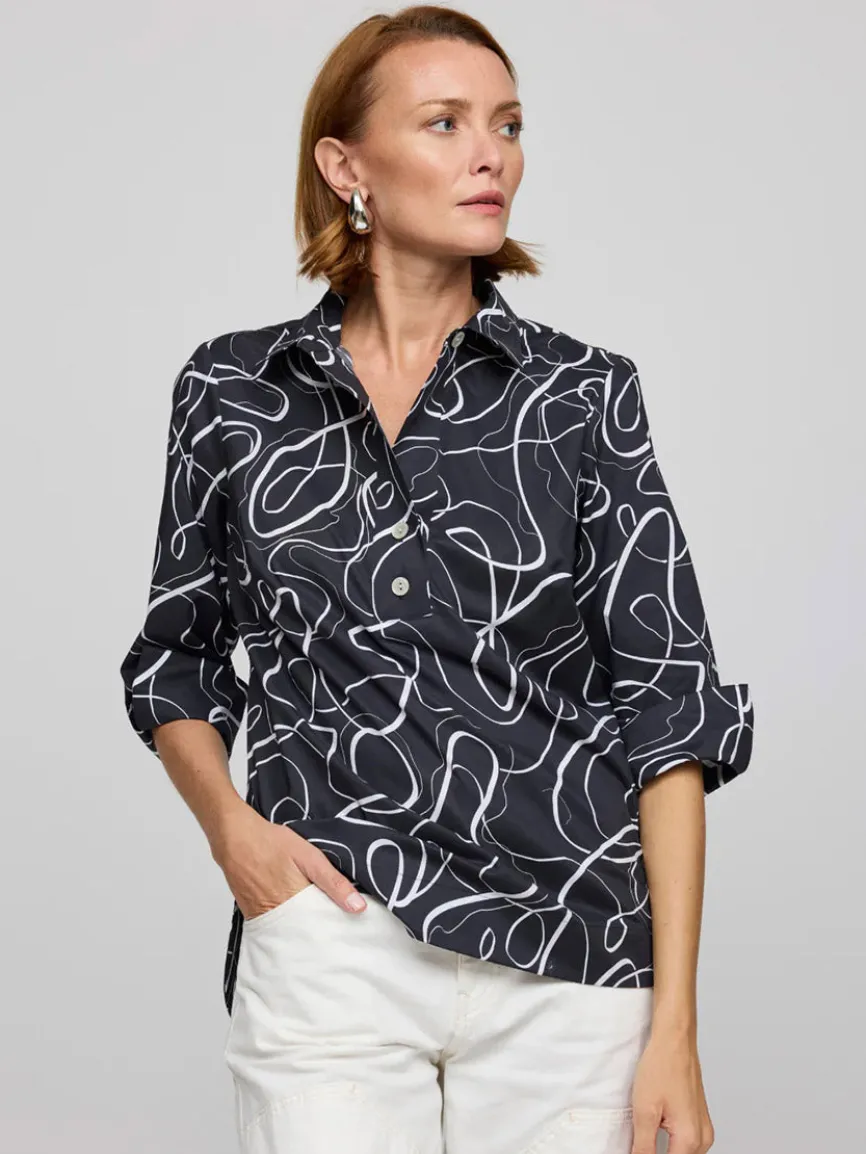 Hinson Wu Charlotte 3/4 Sleeve Ribbon Shirt in Black/White