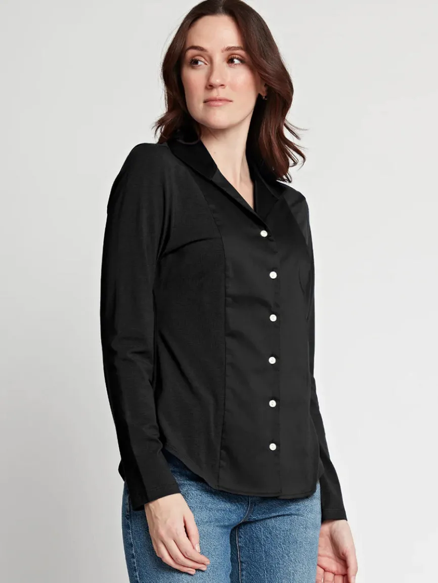 Hinson Wu Donna Long Sleeve Wing Collar "T" Shirt in Black