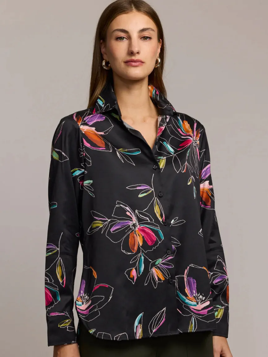 Hinson Wu Margot Long Sleeve Floral Stencil Shirt in Black