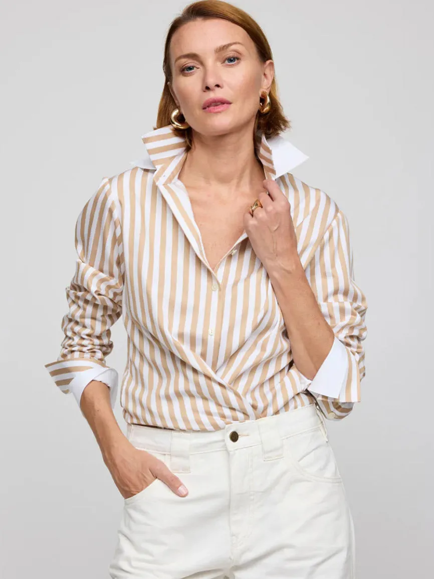 Hinson Wu Margot Long Sleeve Stripe Shirt in Latte/White